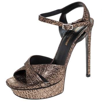 Pre Owned Saint Laurent Paris Metallic Bronze Leather Platform Sandals Size 38.5