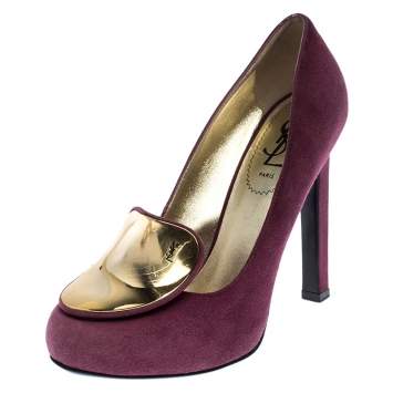 Pre Owned Saint Laurent Paris Burgundy Suede Plaque Embellished Round Toe Pumps Size 37.5