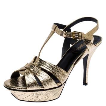 Pre Owned Saint Laurent Paris Metallic Gold Lizard Embossed Leather Tribute Sandals Size 37