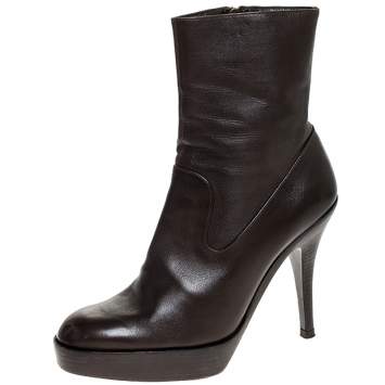 Pre Owned Saint Laurent Brown Leather Platform Ankle Boots Size 36.5