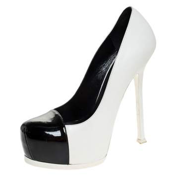Pre Owned Saint Laurent Paris White/Black Leather Tribtoo Platform Pumps Size 39.5
