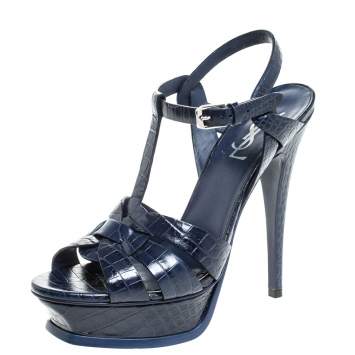 Pre Owned Saint Laurent Paris Blue Croc Embossed Leather Tribute Sandals Size 38.5