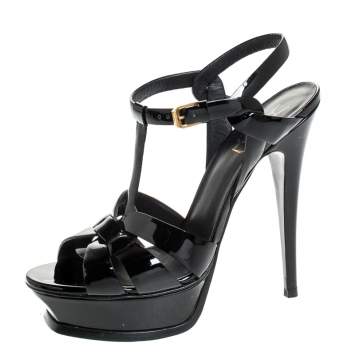Pre Owned Saint Laurent Paris Black Patent Leather Tribute Ankle Strap Sandals Size 38.5
