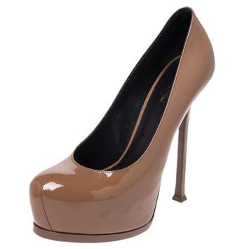 Pre Owned Saint Laurent Paris Brown Patent Leather Tribtoo Platform Pumps Size 39