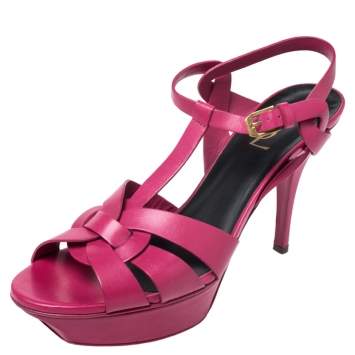 Pre Owned Saint Laurent Pink Leather Tribute Platform Ankle Strap Sandals Size 40