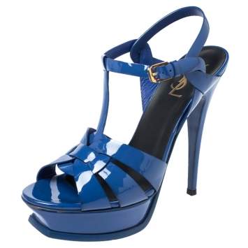Pre Owned Saint Laurent Paris Blue Patent Leather Tribute Platform Sandals Size 39.5