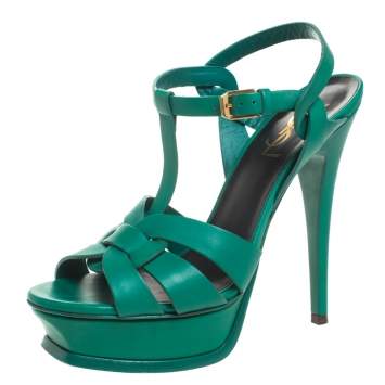 Pre Owned Saint Laurent Paris Green Leather Tribute Platform Ankle Strap Sandals Size 37
