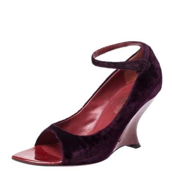 Pre Owned Yves Saint Laurent Purple Velvet Peep toe Wedges Size 37.5