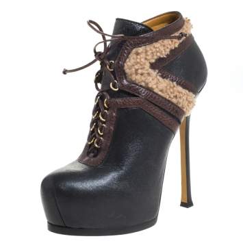 Pre Owned Saint Laurent Paris Multicolor Leather And Shearling Trim Tribtoo Platform Ankle Boots Size 39.5
