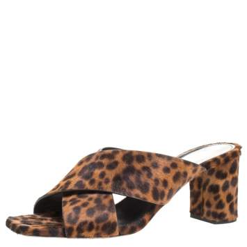 Pre Owned Saint Laurent Paris Brown/Black Leopard Print Calfhair LouLou Crisscross Sandals Size 37.5