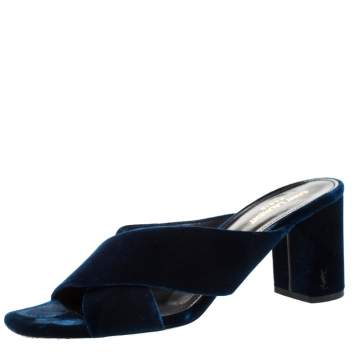 Pre Owned Saint Laurent Paris Blue Velvet LouLou Mules Size 41