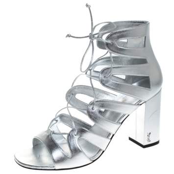 Pre Owned Saint Laurent Paris Silver Leather Gladiator Ankle Wrap Sandals Size 41