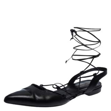 Pre Owned Saint Laurent Paris Black Leather Ankle Wrap Flat Sandals Size 40.5