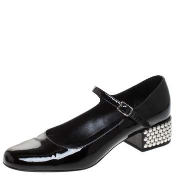 Pre Owned Saint Laurent Paris Black Patent Leather Mary Jane Studded Block Heel Pumps Size 40