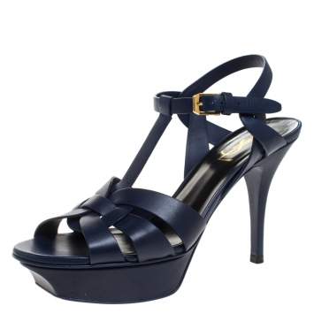 Pre Owned Saint Laurent Paris Blue Leather Tribute Platform Sandals Size 37.5