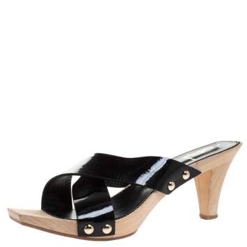 Pre Owned Saint Laurent Black Patent Leather Studded Cross Strap Platform Sandals Size 40