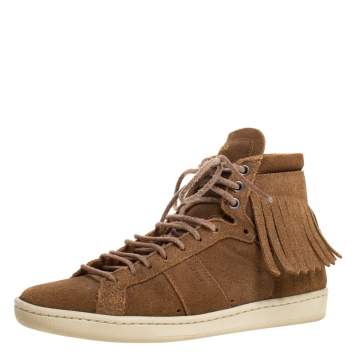 Pre Owned Saint Laurent Brown Suede Classic Court Fringe Sneakers Size 35