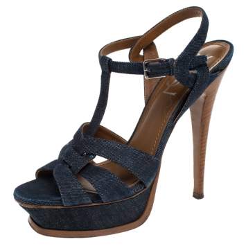 Pre Owned Saint Laurent Paris Blue Denim Tribute Platform Sandals Size 37