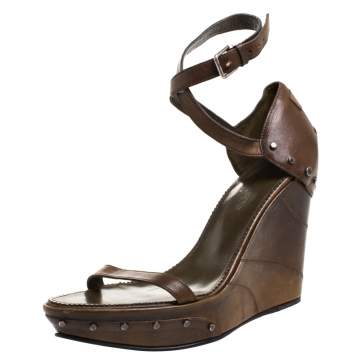Pre Owned Saint Laurent Paris Brown Studded Leather Open Toe Platform Wedge Sandals Size 38 