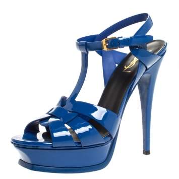 Pre Owned Saint Laurent Paris Blue Patent Leather Tribute Platform Sandals Size 40