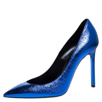 Pre Owned Saint Laurent Paris Blue Foil Leather Pointed Toe Pumps Size 37.5
