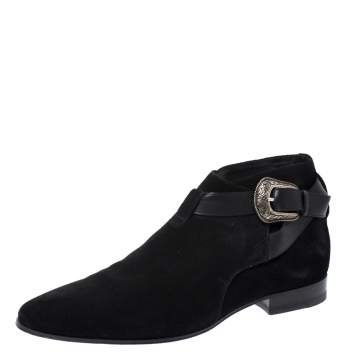 Pre Owned Saint Laurent Paris Black Suede Engraved Buckle Ankle Boots Size 41