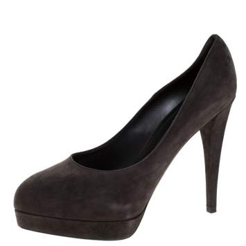 Pre Owned Saint Laurent Paris Dark Grey Suede Leather Platform Pumps 40.5