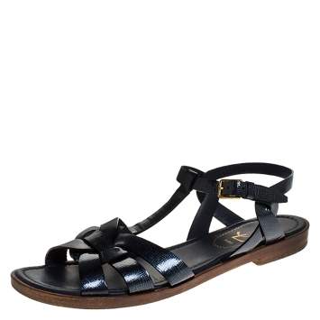 Pre Owned Saint Laurent Paris Navy Blue Patent Leather Tribute Ankle Strap Flat Sandals Size 36