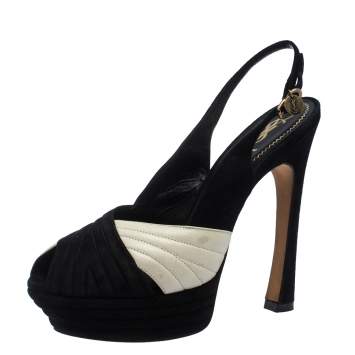 Pre Owned Saint Laurent Black/Cream Suede and Leather Criss Cross Platform Slingback Sandals Size 40