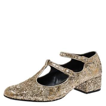 Pre Owned Saint Laurent Paris Gold Glitter Mary Jane Block Heel Pumps Size 39.5