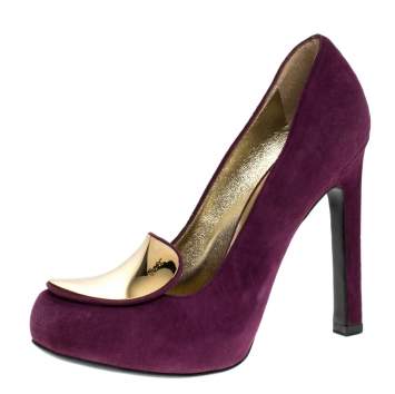 Pre Owned Saint Laurent Paris Purple Suede Plaque Embellished Round Toe Pumps Size 36.5