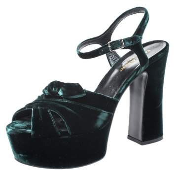 Pre Owned Saint Laurent Green Velvet Candy Bow Platform Sandals Size 39