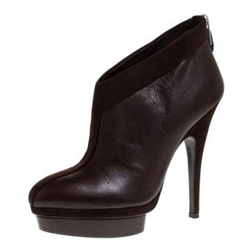 Pre Owned Saint Laurent Paris Brown Leather And Suede Trim Platform Booties Size 39.5