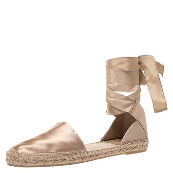 Pre Owned Saint Laurent Champagne Satin Lace Tie Up Espadrille Flat Size 39