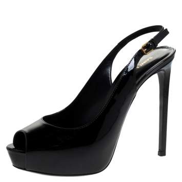 Pre Owned Saint Laurent Black Patent Leather Peep Toe Platform Slingback Sandals Size 40
