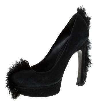 Pre Owned Saint Laurent Paris Black Suede Fur Trim Palais Mohawk Suede Pumps Size 39.5