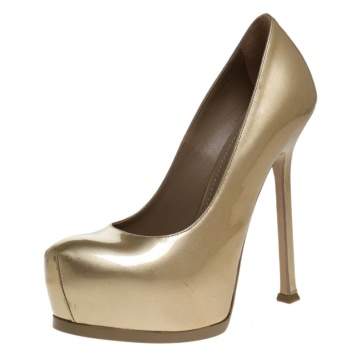Pre Owned Saint Laurent Paris Gold Patent Leather Tribtoo Pumps Size 36