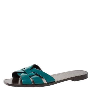Pre Owned Saint Laurent Green Leather Tribute Flat Slides Size 39