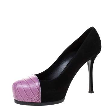 Pre Owned Saint Laurent Paris Black Suede And Pink Croc Embossed Leather Tribtoo Platform Pumps Size 40