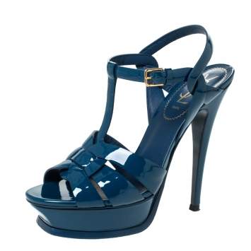 Pre Owned Saint Laurent Paris Teal Patent Leather Tribute Platform Sandals Size 38
