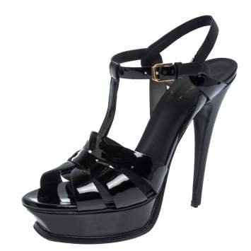 Pre Owned Saint Laurent Black Patent Leather Tribute Platform Sandals Size 39.5