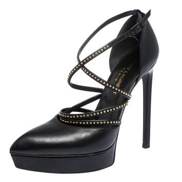 Pre Owned Saint Laurent Black Leather Studded Strap Janis Platform Pumps Size 36
