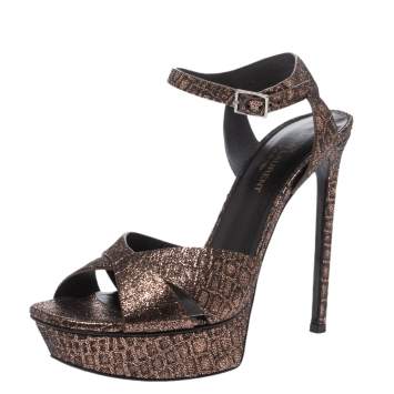 Pre Owned Saint Laurent Paris Bronze/Black Croc Embossed Cross Strap Platform Sandals Size 38.5