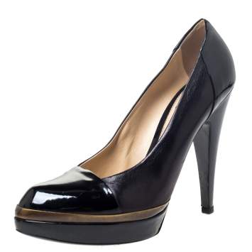 Pre Owned Saint Laurent Black Leather and Patent Leather Janis Pointed Toe Platform Pumps Size 37.5