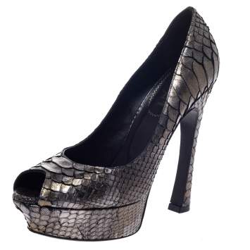 Pre Owned Saint Laurent Paris Metallic Grey Python Leather Palais Peep Toe Platform Pumps Size 39