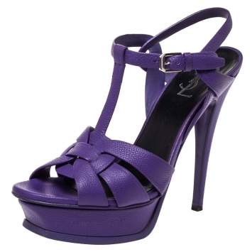 Pre Owned Saint Laurent Paris Purple Leather Tribute Platform Ankle Strap Sandals Size 38.5