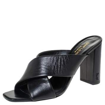 Pre Owned Saint Laurent Paris Black Leather Loulou Criss Cross Mules Size 39.5