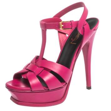 Pre Owned Saint Laurent Paris Pink Leather Tribute Platform Ankle Strap Sandals Size 36