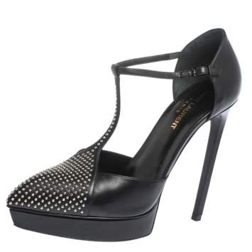 Pre Owned Saint Laurent Paris Black Leather Janis Studded T Strap Platform Pumps Size 38