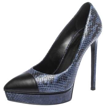 Pre Owned Saint Laurent Blue/Black Snake Embossed Leather Janis Cap Toe Platform Pumps Size 38